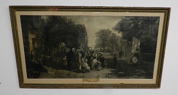19th Century Engraving: titled "Punch" depicting a European crowd watching a puppet/marionette show. Heavy foxing and large rip on left side. 28" h x 49" w
