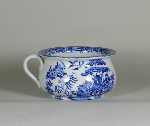 Child's Blue Willow Ironstone Chamber Pot: marked on bottom Adderley's England, 4" h x 8" w