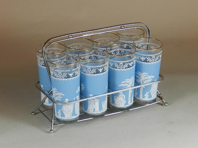 8 Vintage Glasses with Carrier: some surface rust