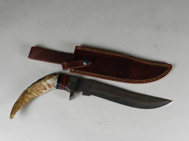 Large Handmade Damascus Knife: with horn grips, minor storage rust, blade 9" long, overall 14"