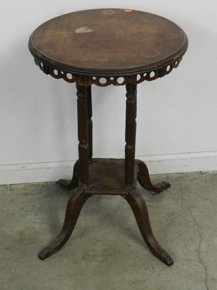 Mahogany Side Table: numerous breaks, damage and missing feet. One leg has been hot glued, 27" h x 18" w