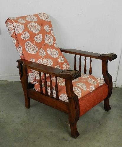 Morris Style Recliner: with foot rest, reupholstered and refinished, 36" h