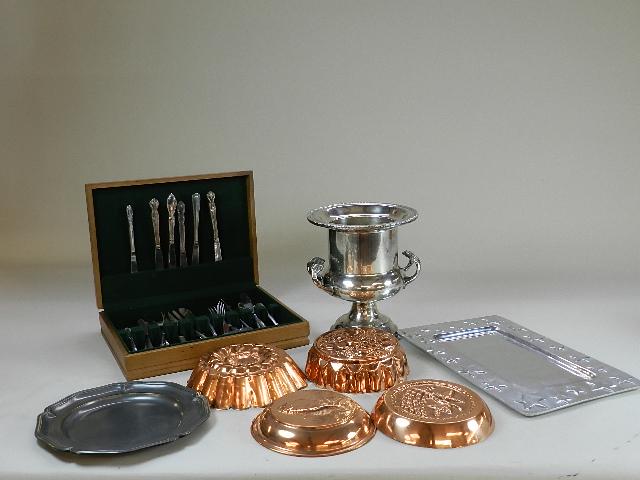 Group of Assorted Items: flatware box with flatware, wine chiller, pewter tray, etc