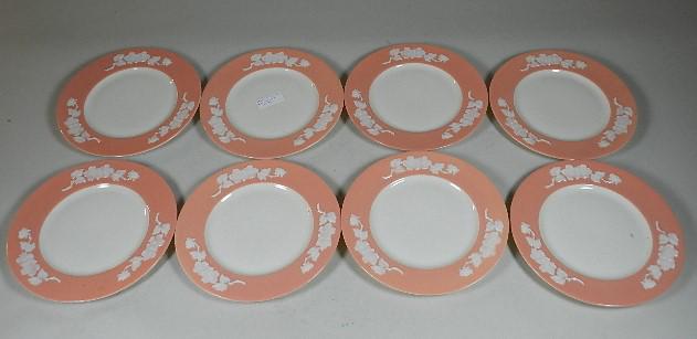 8 Lenox Apple Blossom Corel Plates: one with bad rim chip, 10 1/2" w