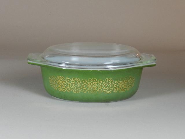 Vintage Pyrex Casserole: with minor scratches, 3" h x 10" w x 7" d