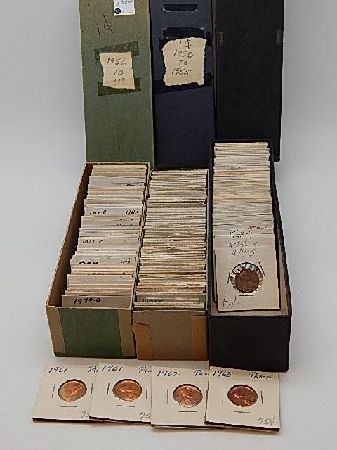 Lot of 3 Old Dealer Stock Boxes of Lincoln Cents: 1950-1974S mix of dates, mint marks, and condition. Includes some proofs