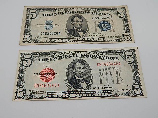 $5 Red Seal Note & $5 Silver Certificate: 1928B $5 red seal note XF and a 1934C $5 silver certificate fine
