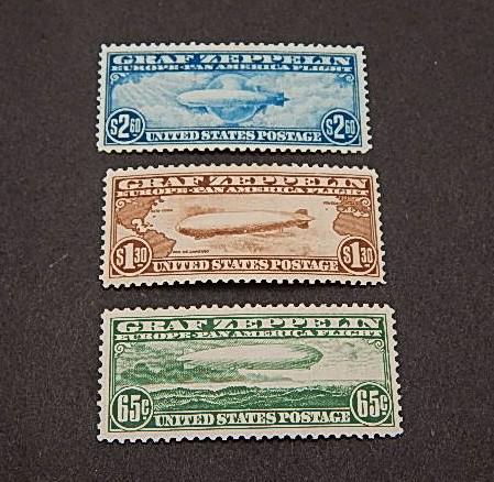Lot of 3 Rare Graf Zeppelin US Airmail Stamps: C13, 14, 15, all unused with lite hinge mark. Crisp color and nice centering