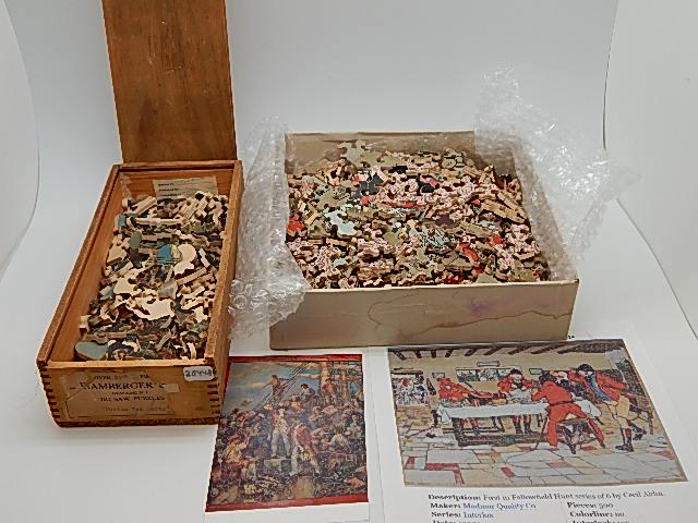 Two 1930's Wooden Puzzles: "The Boston Tea Party" in original box and "Breakfast at Three Pigeons". Both appear to be complete but no guaranteed. Wear from use, larger 15" h x 21" w