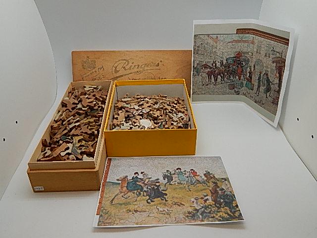 Two 1930's Wooden Puzzles: "Out for a Gallop" and street scene with a carriage. Appear to be complete but not guaranteed. Gallup is 14" h x 18" w, wear form use, Gallup is in original box