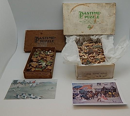Two 1920's Parker Brothers Pastime Wooden Puzzles: "Full Cry" and "First of May". Both in original boxes, boxes show heavy wear, both appear to be complete but no guaranteed. Wear form use, "First on May is 12" h x 17" w