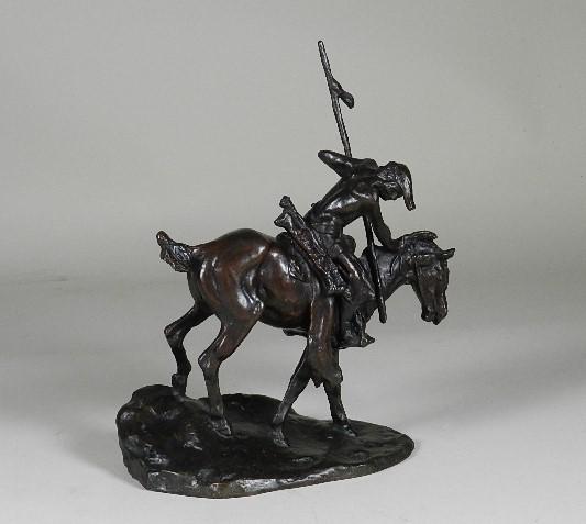 Bronze Sculpture of Indian on Horse: signed C.M. Russell and Roman Bronze Works New York, 12" h x 10" w x 5" d