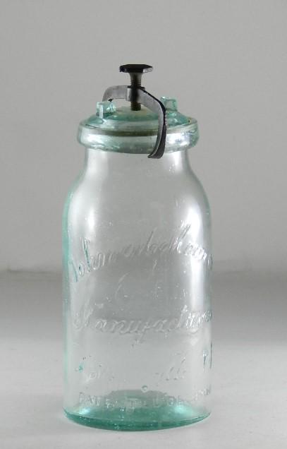 John M. Moore & CO Manufacturers Quart Aqua Jar: Fislerville, NJ Script Patent Dec 30 1861 Block. RB# 2205, correct closure, small chip in rim, minor wear, 7 1/2" h