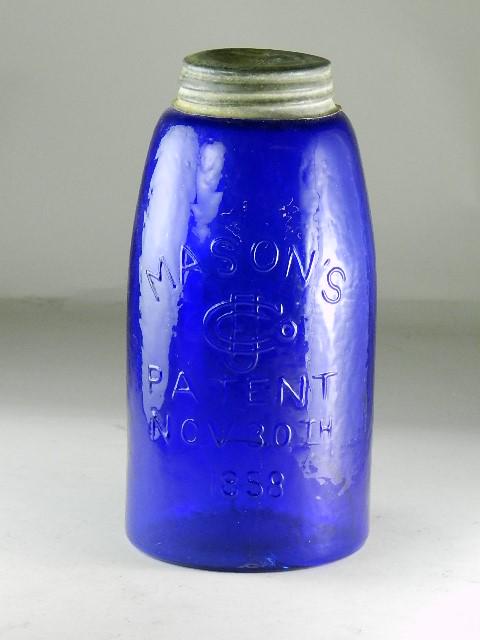 Reproduction 1858 Mason Half Gallon Jar: in cobalt, excellent condition, 8 3/4" h