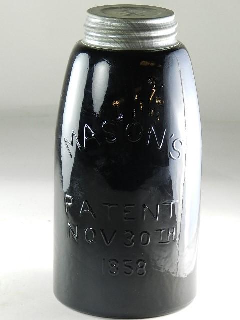 Reproduction 1858 Mason Half Gallon Jar: in black amethyst, excellent condition, 8 3/4" h