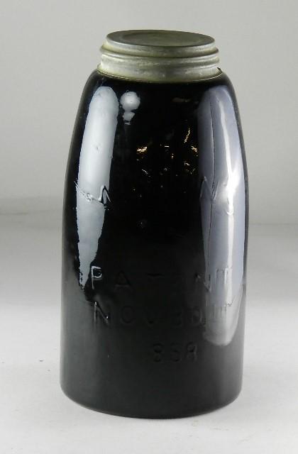 Reproduction 1858 Mason Half Gallon Jar: in black amethyst, excellent condition, 8 3/4" h