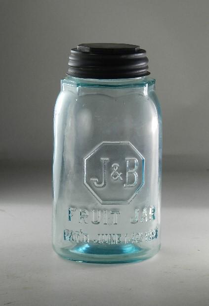 J&B Fruit Jar Pat'd June 14th 1898 Quart Aqua Jar: RB# 1321, excellent condition, correct lid, 6 3/4" h