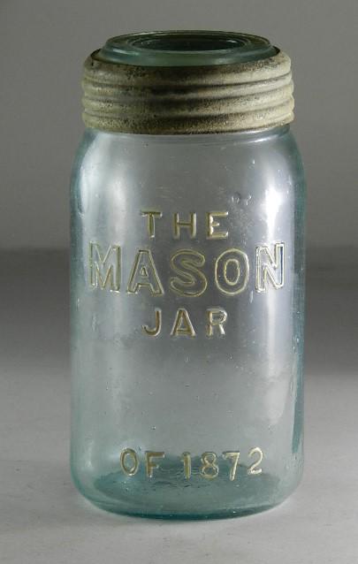 The Mason Jar of 1872 Quart Aqua Jar: Whitney glass on bottom, RB# 1750, small chips on ground lip and 1872 lid, 6 3/4" h