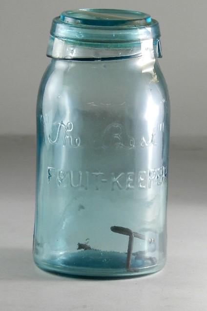 "The Best" Fruit Keeper Quart Ball Blue Jar: RB# 460, correct 1896 lid, wire closure broken but with jar, minor wear, 6 3/4" h