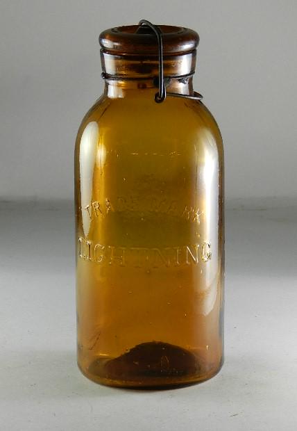 Trademark Lightning Half Gallon Amber Jar: RB# 1489, type 1 lid, minor wear, 9 1/2" h