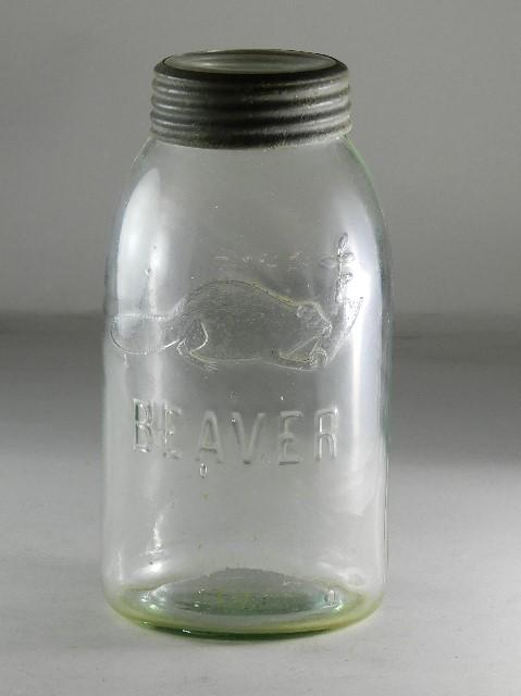 Beaver Half Gallon Clear Jar: RB# 424, multiple chips to lip, incorrect clear glass lid, 8 3/4" h