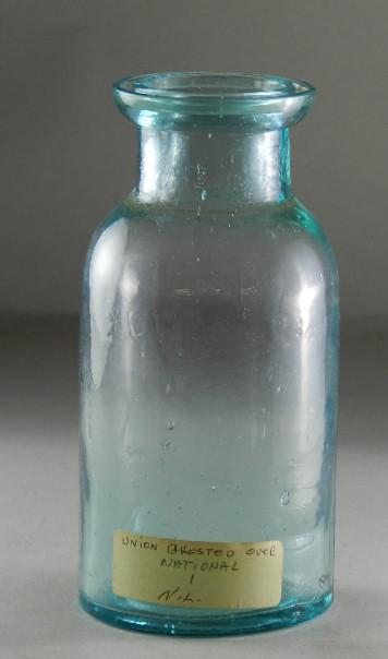 Union 1 Weakly Over Ghosted National Quart Aqua Jar: RB# 2838-1, heavily worn mold and Union is barley visible over an erased National mark. Excellent condition, 8" h