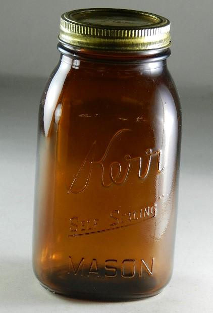 Kerr "Self Sealing" Mason Quart Amber Jar: RB# 1386, excellent condition, 7" h