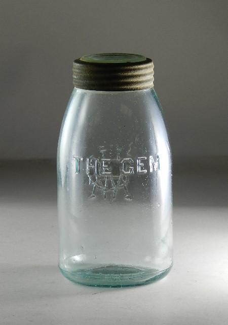 The Gem Half Gallon Aqua Jar: RB# 1076. Incorrect glass insert, multiple chips to ground lid. 8 1/2" h