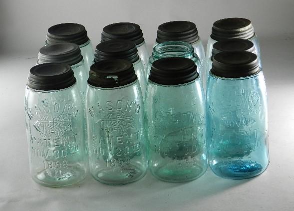 12 Aqua Quart Jars: all various types of Mason 1858, wear from use