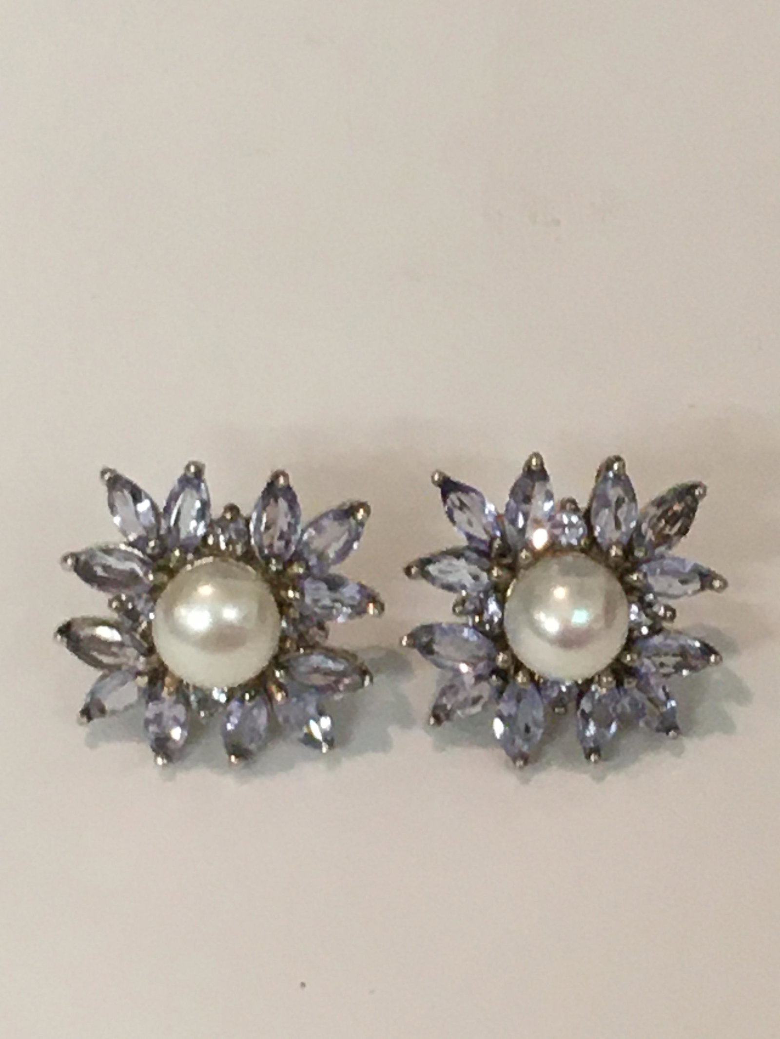 Sterling Tanzanite Style & Pearl Earrings: approximately 1/2" h