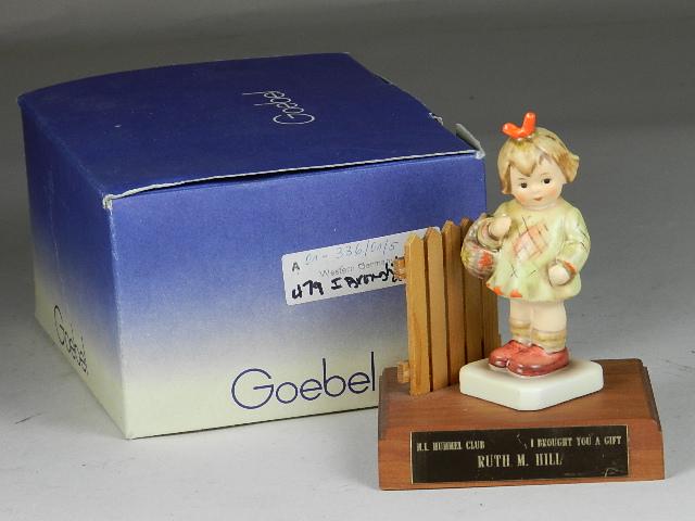 Goebel Hummel I Brought You A Gift: trademark 6, has club stand, excellent condition, unmarked box, 4" h