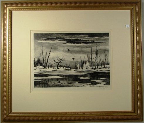 Schreiber, George: "Silence." A signed limited edition original lithograph. 10 1/4" h x 13 3/4" w ss. 22" h x 25 1/2" 2 frame size.