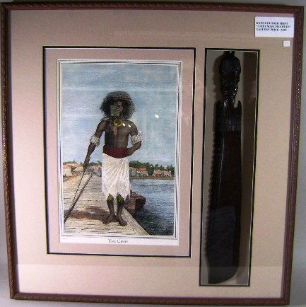 Hand Colored Print: "Chief Mah-Machete." Print of a chief with carved machete. 19 1/4" h x 15" w ss. 31 3/4" h x 30 3/4" w frame size.