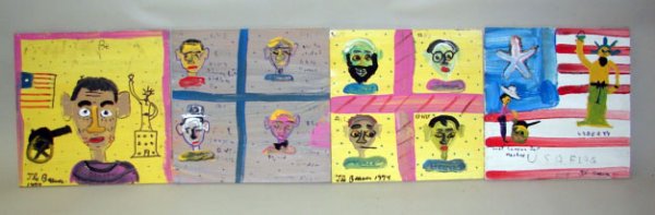 Beverland, Robyn: Four pieces of original art by "The Beaver" Robyn Beverland (died 1998). All are 12" x 12" house paint on plywood. "USA Flag" 1994, "We are all one" 1994, "We are all one" 1994, "Proud to be an Americ