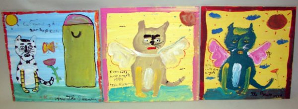 Beverland, Robyn: Four pieces of original art by "The Beaver" Robyn Beverland (died 1998). All are 12" x 12". "Even cats are Angels" 1994, "Even cats are Angels" 1994, "Cat guarding his trash can" 1994.