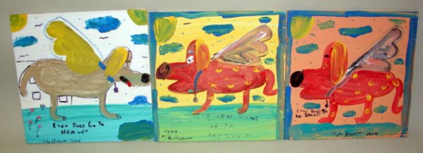 Beverland, Robyn: Four pieces of original art by "The Beaver" Robyn Beverland (died 1998). All are 12" x 12". All three are "Even Dogs Go To Heaven." 1994.