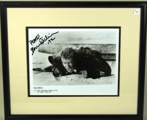 Celebrity Autograph: Bruce Willis. 9 1/4" h x 7 1/4' w ss. 15 1/4" h x 13 1/4" w frame size.