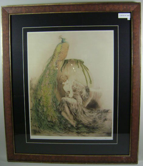 Louis Icart Print: Woman with peacock.24" h x 19 3/4" w ss. 35 1/2" h x 30 1/4" w frame size.