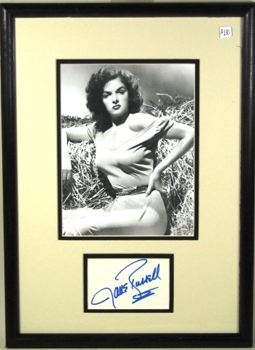 Celebrity Autograph: Jane Russell. Top: 8 1/2" h x 6 1/2" w ss Bottom: 2 1/2" h x 4" w ss. 17 1/4" h x 12 1/2" w frame size.