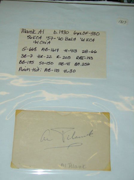 Approximately 70 Baseball Autographs: All on 3x5 index cards. This is the "P" album 2 and highlights include: Al Pilarcik, JW Porter, Bob Priddy, Albie Pearson, Joe Presko, Ewald Pyle, Andy Parko, Gaylord Perry, Wes Parker, Milt pappas, M