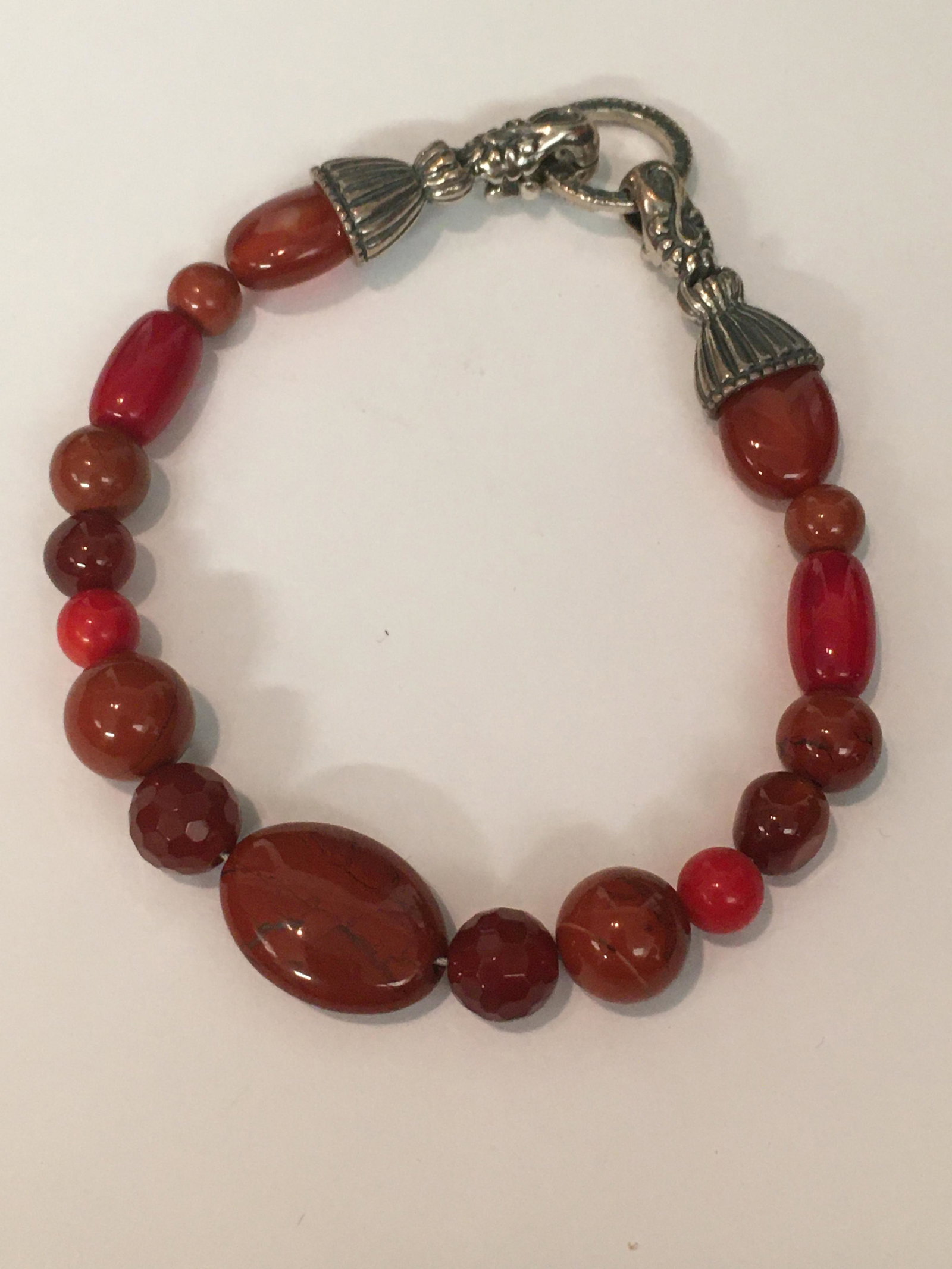 Sterling Red Stone Bead Bracelet: 8" long