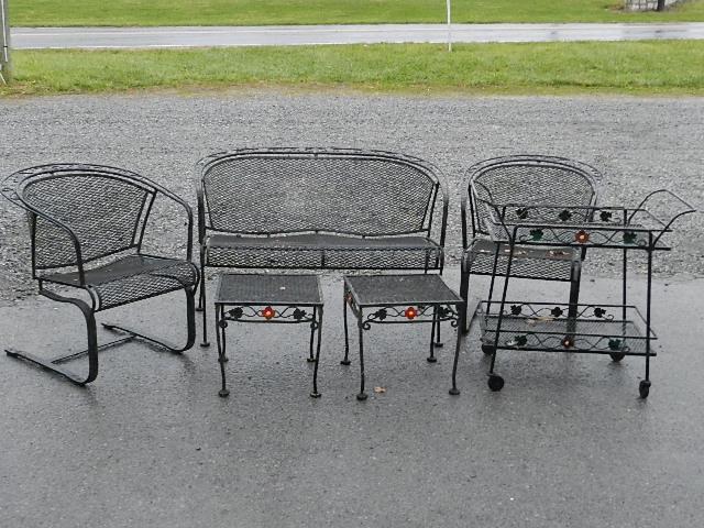 6 Piece Wrought Iron Patio Furniture: settee, 2 chairs, 2 tables, and tea cart, weathered