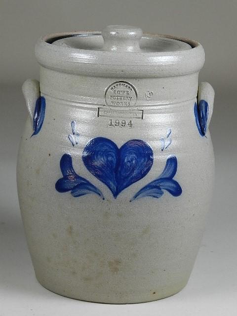 Blue Decorated Crock: Rowe Pottery, lid repaired, 10" h