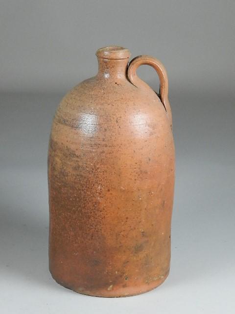 early Redware jug: small rim chips, 12" h