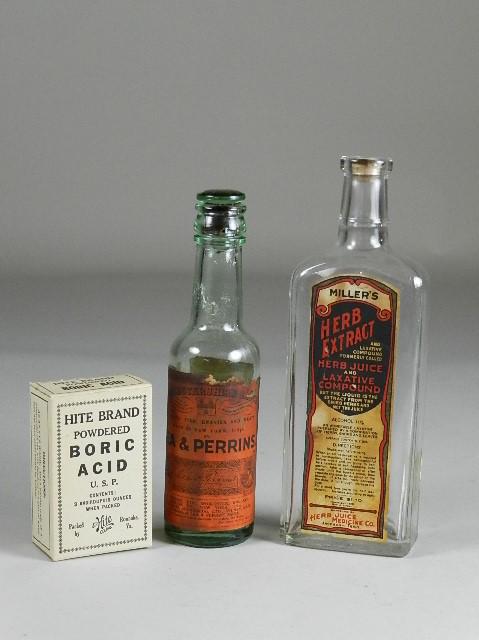 3 Advertising Bottles: Miller's Herb Extract, Lea & Perrins, and Hite Brand Boric Acid