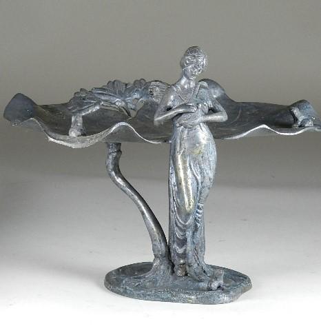 Art Nouveau Figural Lilly Pad Dresser Tray: wear to finish, 8" h x 11" w x 8" d