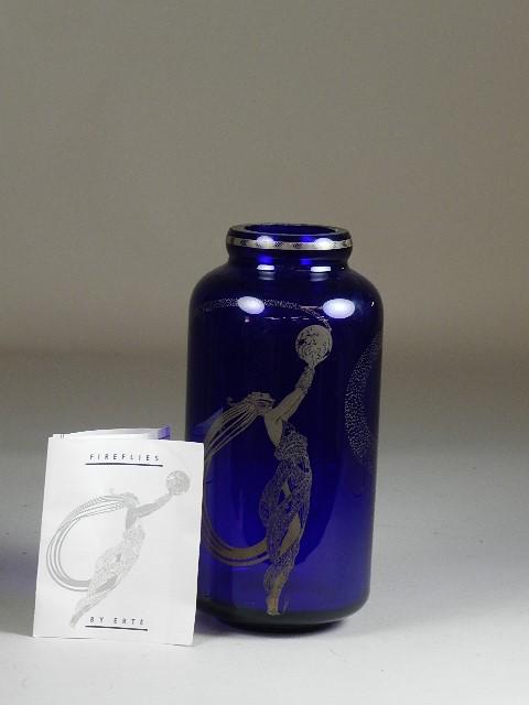 Erte "Fireflies" Deco Style Cobalt Blue Vase: produced by The Franklin Mint, 10" h