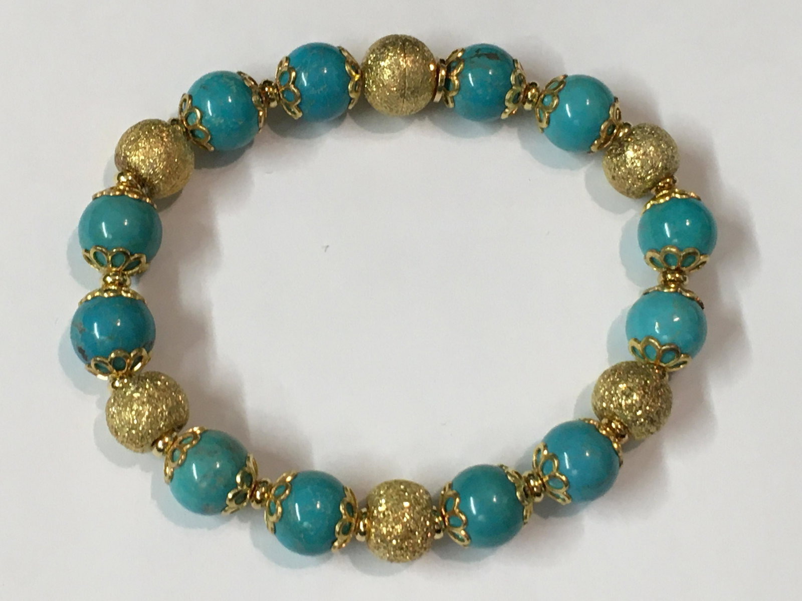 Turquoise & Gold Wash Bead Bracelet: magnetic clasp, 8 1/4" long
