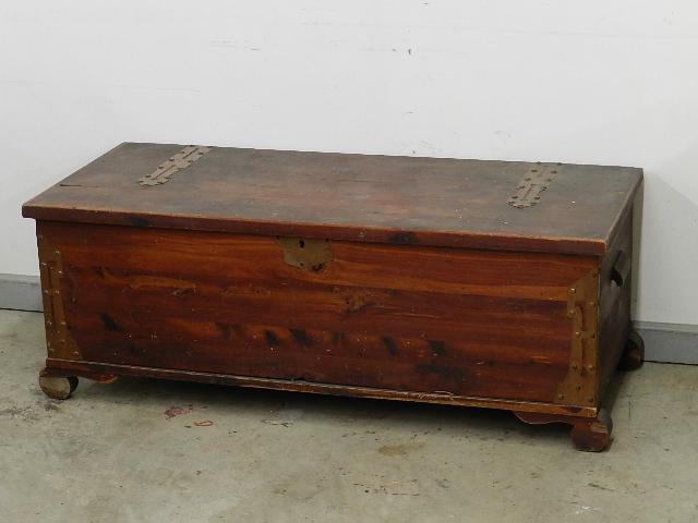 Cedar Blanket Chest: with copper trim, has damage to the feet and shrink crack on the lid. Wear to finish, 18" h x 48" w x 21" d