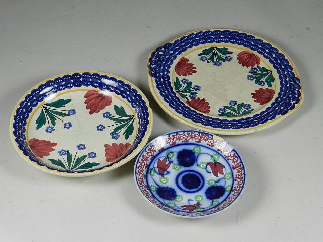 3 Pieces of 19th Century China: 2 pieces Auld Heatherware Scotland and a flow blue and sponge decorated bowl. All 3 pieces are damaged, largest 10" w